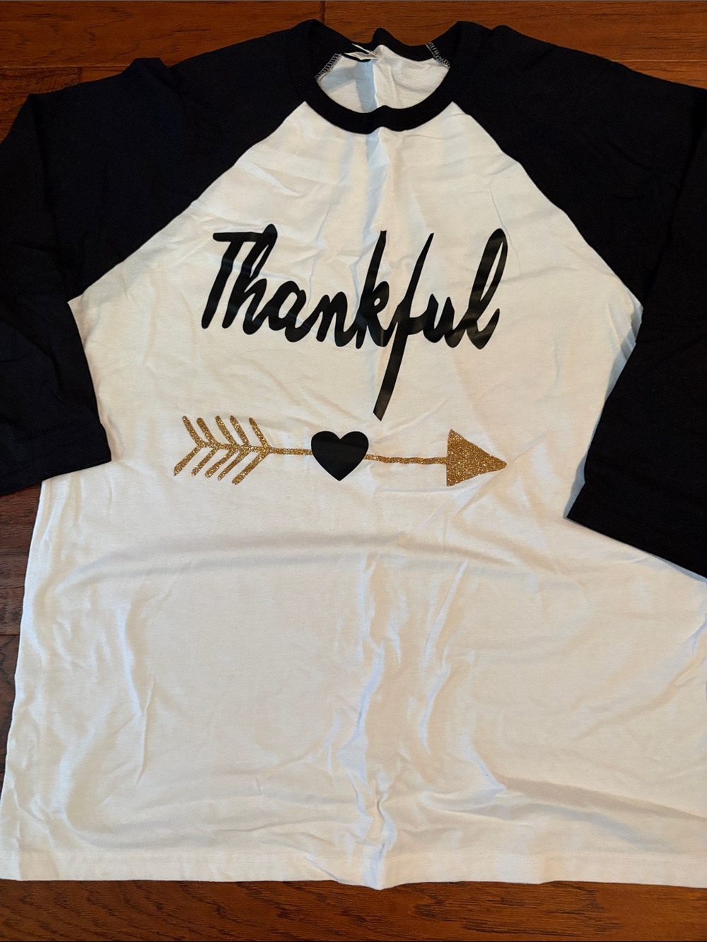 Bella Canvas White and Black "Thankful" Raglan Tee with Gold Arrow